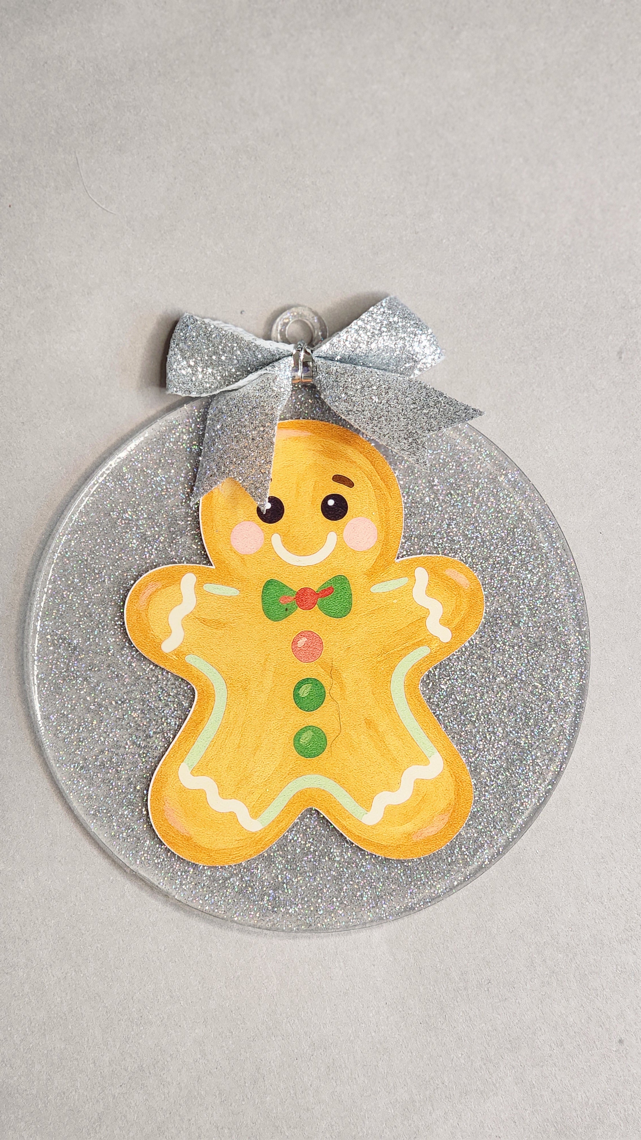 Whimsical Yellow Gingerbread Man Ornament | Painted Look Acrylic Decor | 4 Inch Silver Glitter