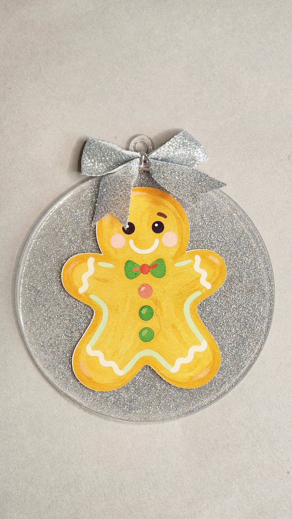 Whimsical Yellow Gingerbread Man Ornament | Painted Look Acrylic Decor | 4 Inch Silver Glitter
