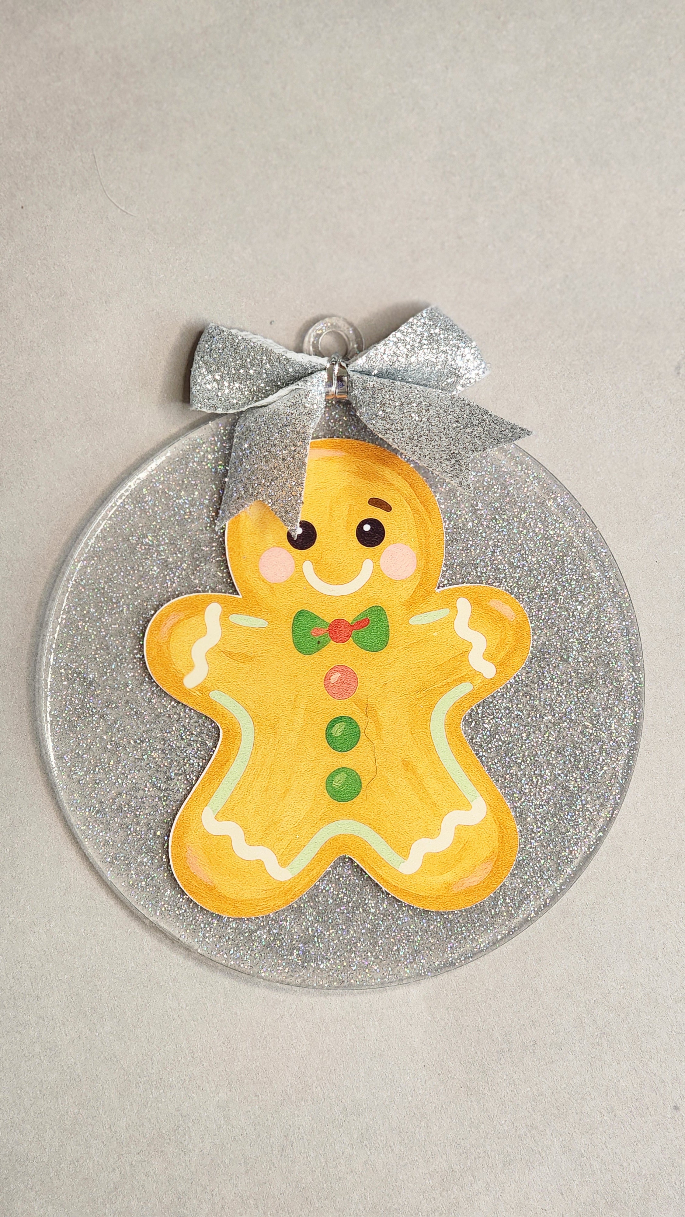 Whimsical Yellow Gingerbread Man Ornament | Painted Look Acrylic Decor | 4 Inch Silver Glitter