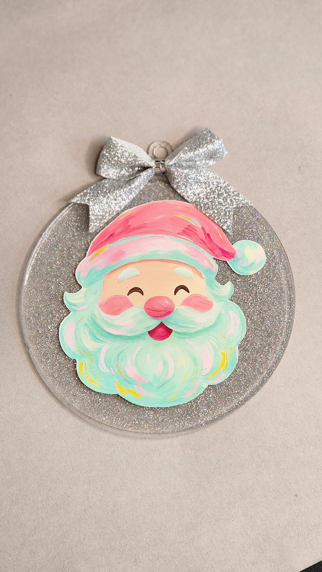 Brushstroke Texture Santa Claus Ornament | 4 Inch Silver Glitter Acrylic Decor | Artistic Christmas