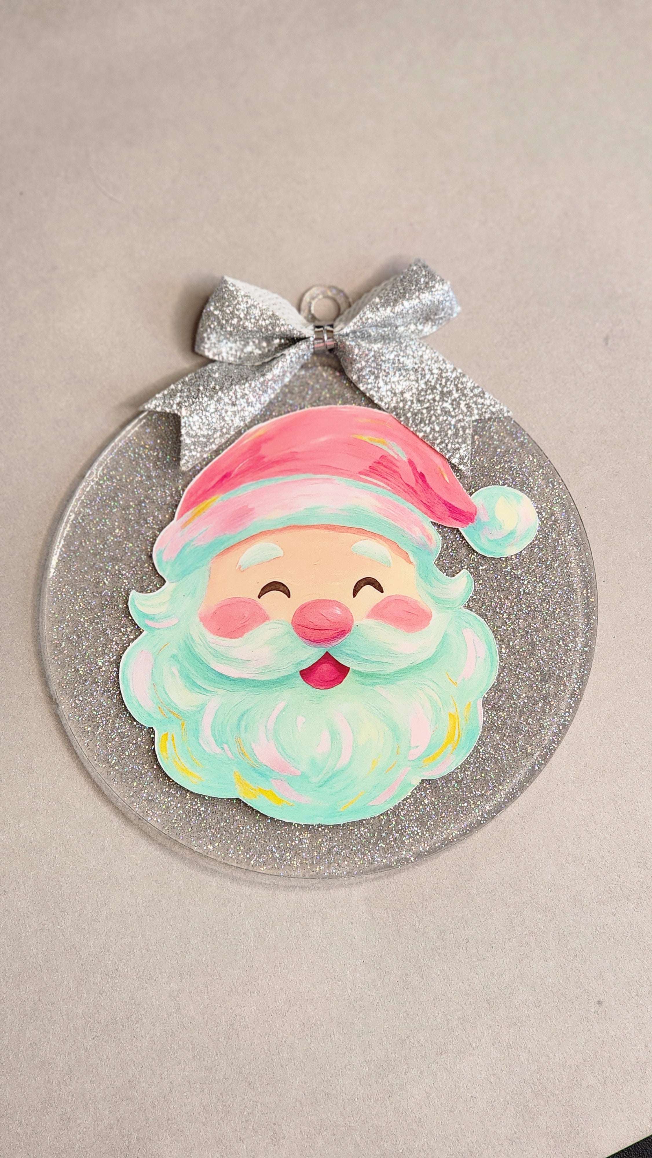 Brushstroke Texture Santa Claus Ornament | 4 Inch Silver Glitter Acrylic Decor | Artistic Christmas
