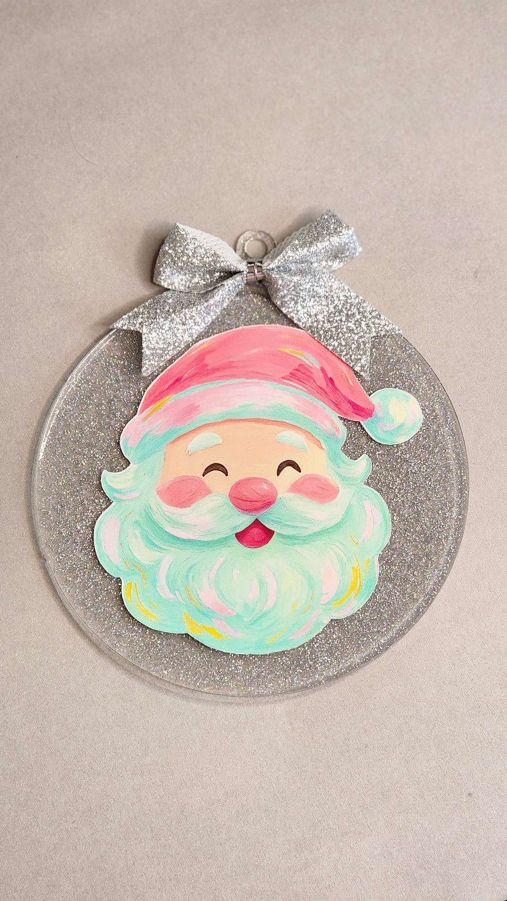 Brushstroke Texture Santa Claus Ornament | 4 Inch Silver Glitter Acrylic Decor | Artistic Christmas