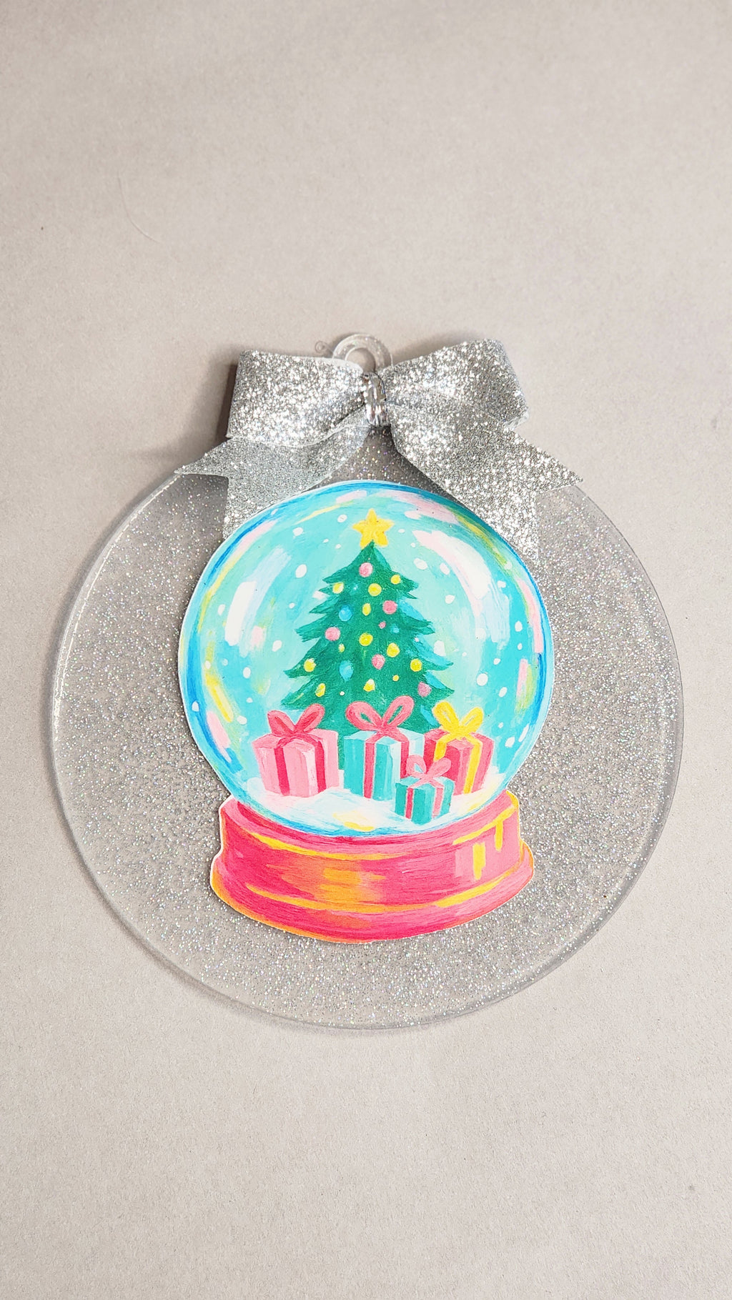 Hand-Painted Look Snow Globe Christmas Ornament | 4 Inch Silver Glitter Acrylic | Whimsical Holiday Decor
