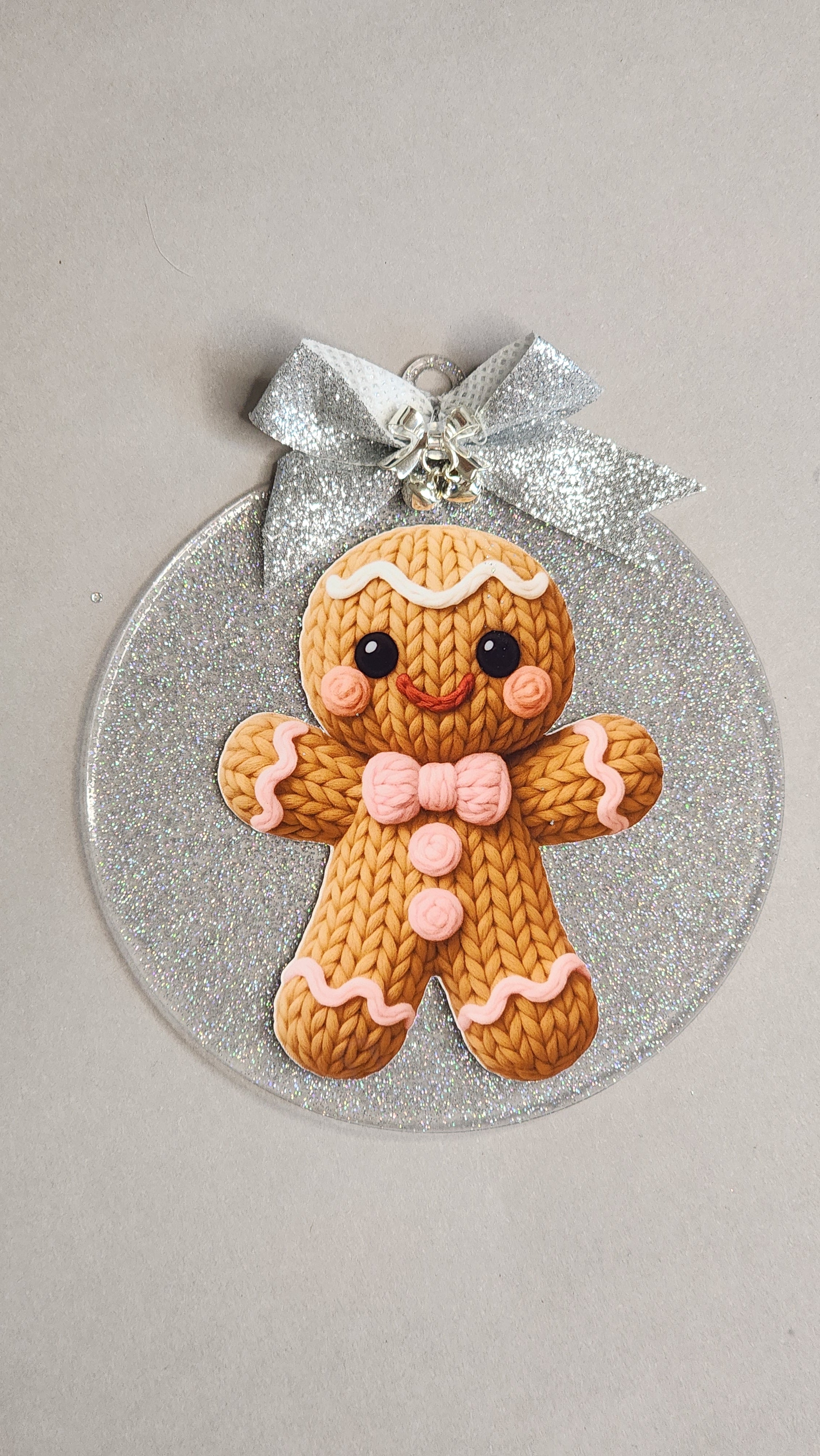 Gingerbread Man Christmas Ornament | Pink Bow & Knitted Texture | 4 Inch Silver Glitter Acrylic Decor