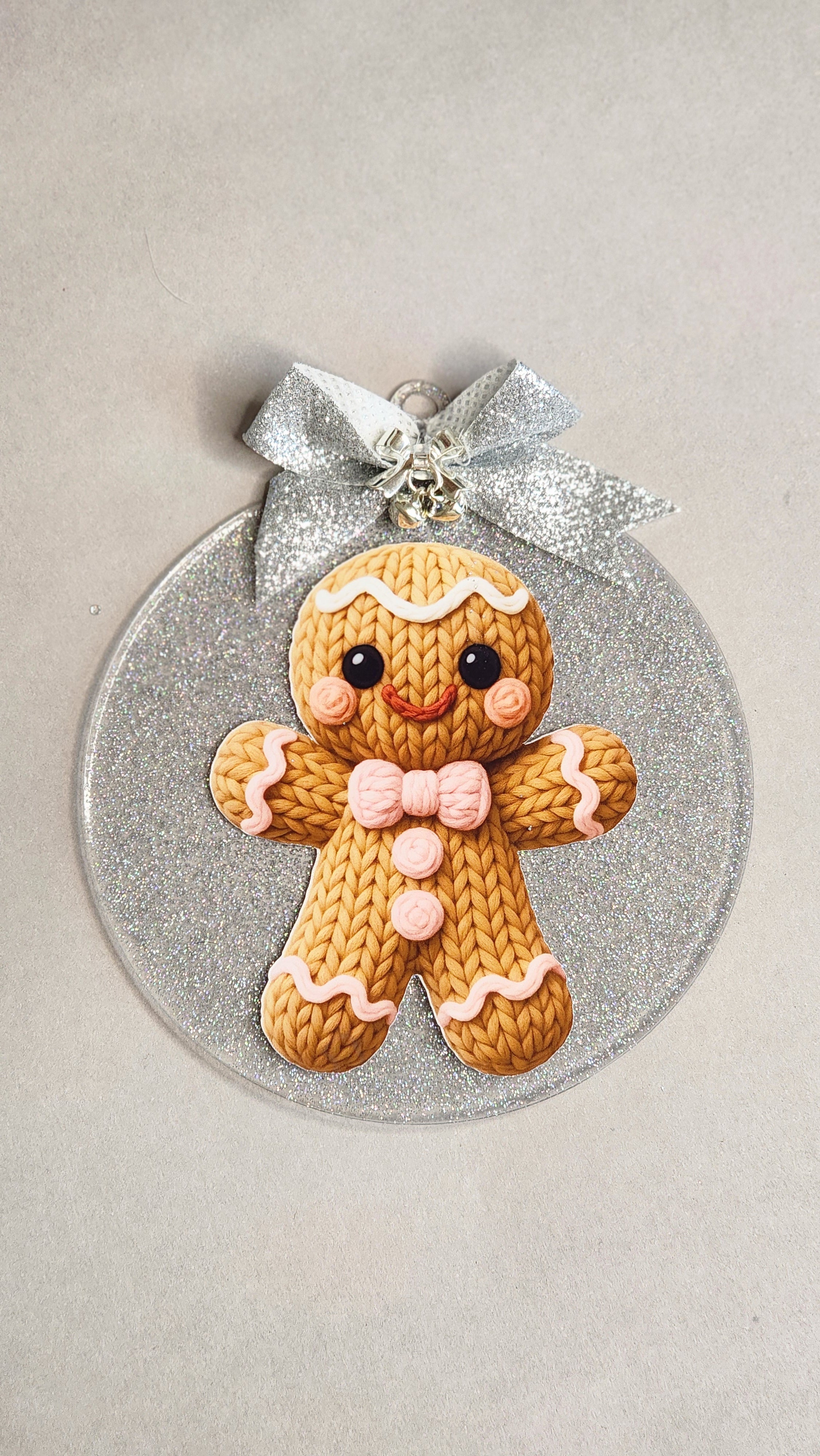 Gingerbread Man Christmas Ornament | Pink Bow & Knitted Texture | 4 Inch Silver Glitter Acrylic Decor