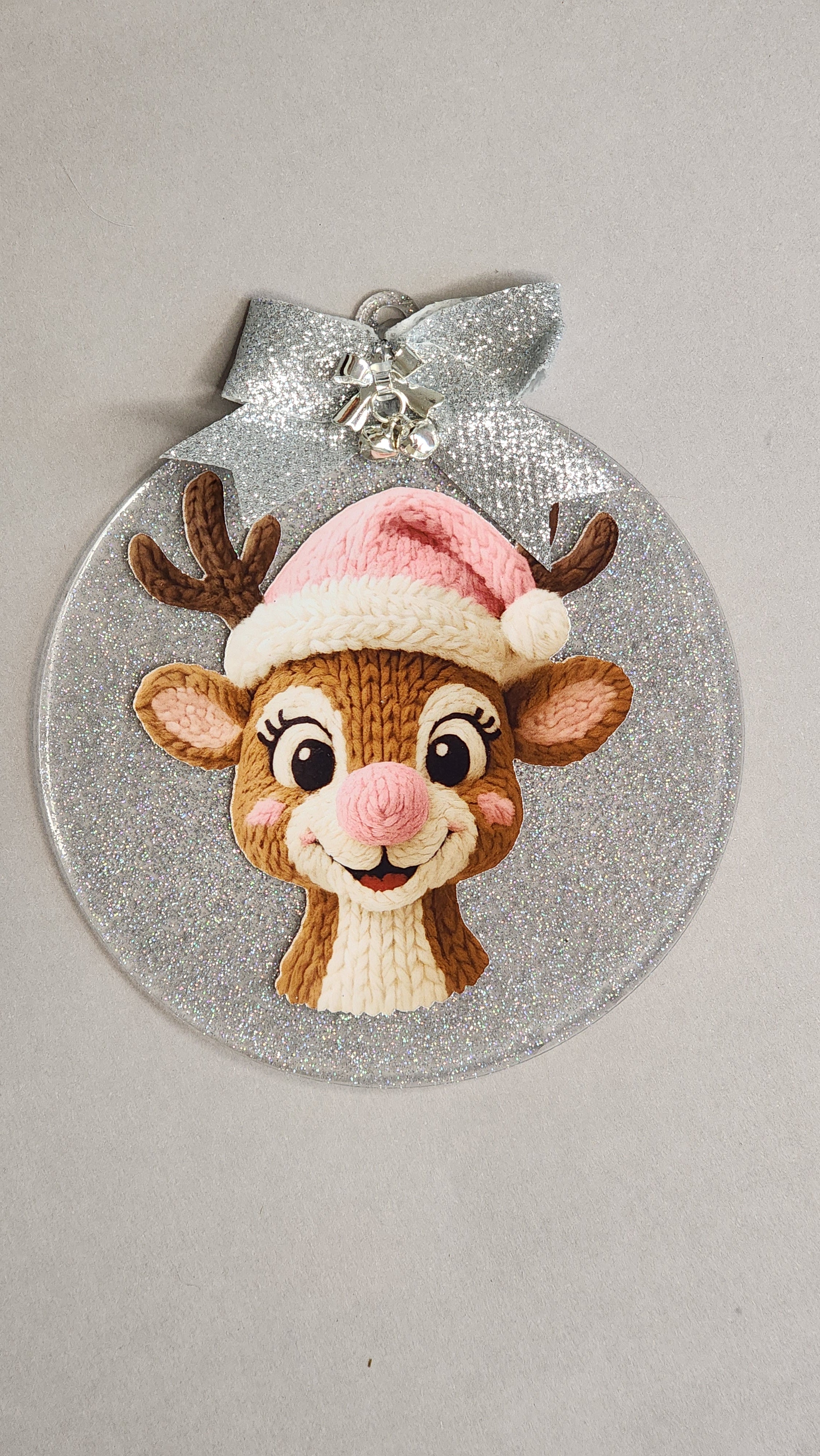 Adorable Reindeer Christmas Ornament | Pink Knitted Hat | 4 Inch Silver Glitter Acrylic Decor
