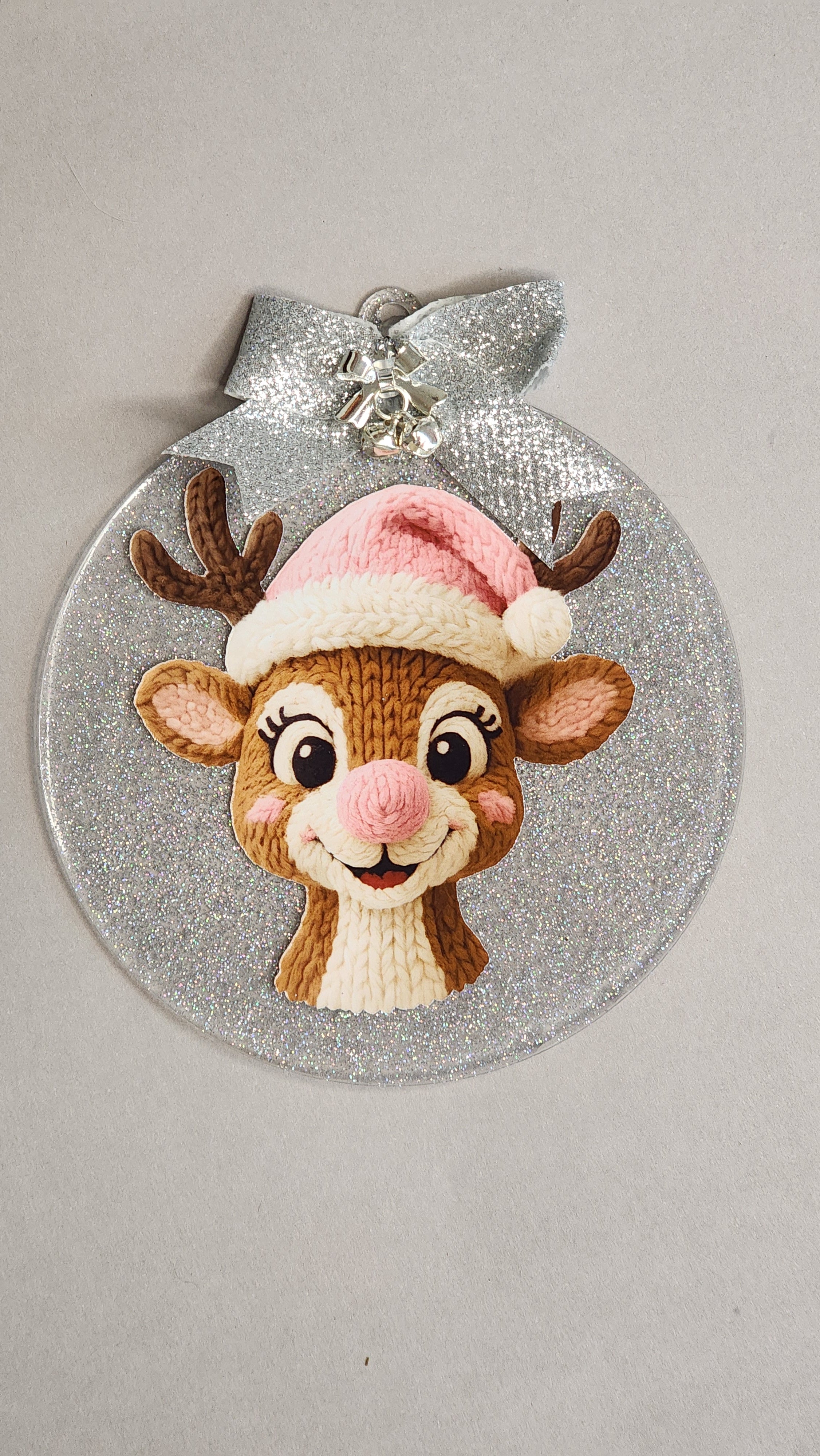 Adorable Reindeer Christmas Ornament | Pink Knitted Hat | 4 Inch Silver Glitter Acrylic Decor