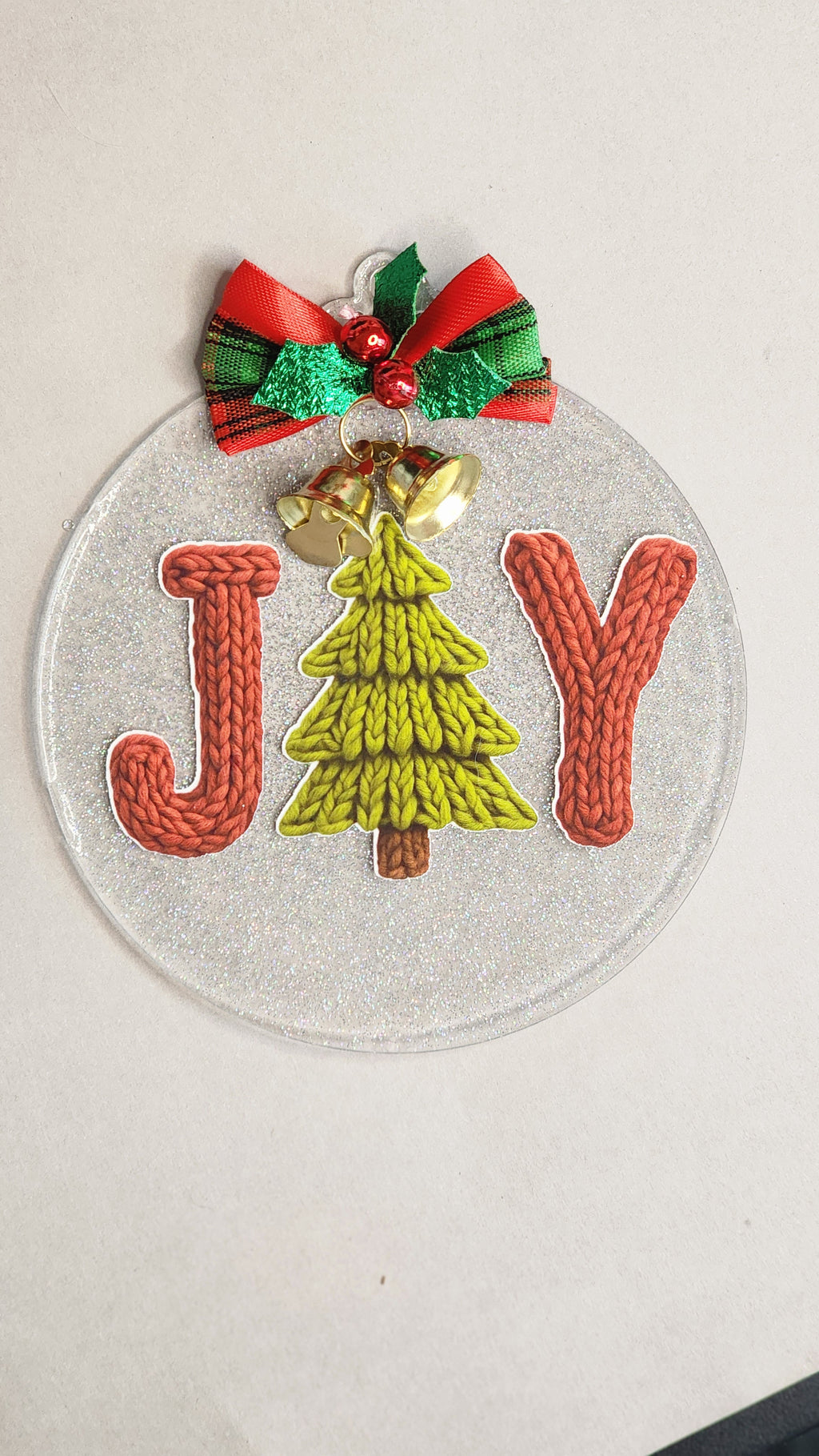 JOY Christmas Word Ornament | Knitted Letters & Tree | 4 Inch Silver Glitter Acrylic Decor