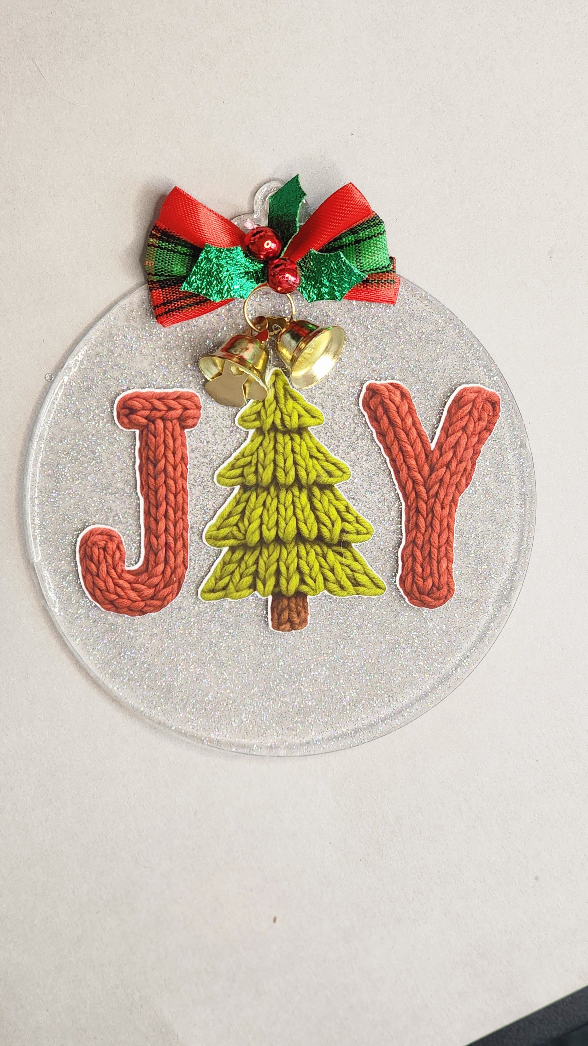 JOY Christmas Word Ornament | Knitted Letters & Tree | 4 Inch Silver Glitter Acrylic Decor
