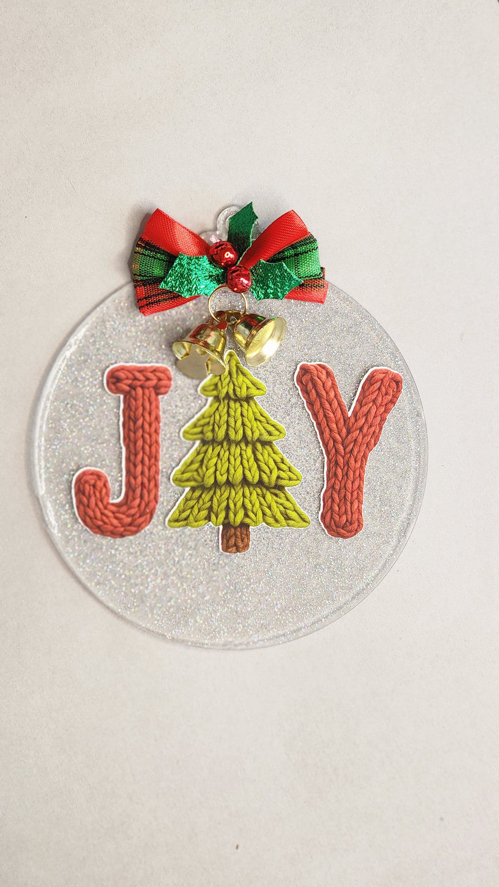 JOY Christmas Word Ornament | Knitted Letters & Tree | 4 Inch Silver Glitter Acrylic Decor