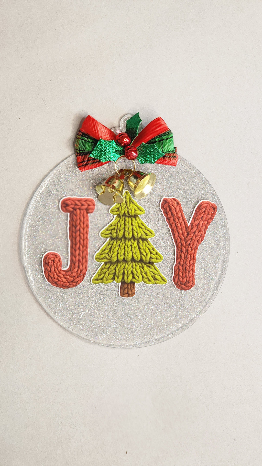 JOY Christmas Word Ornament | Knitted Letters & Tree | 4 Inch Silver Glitter Acrylic Decor