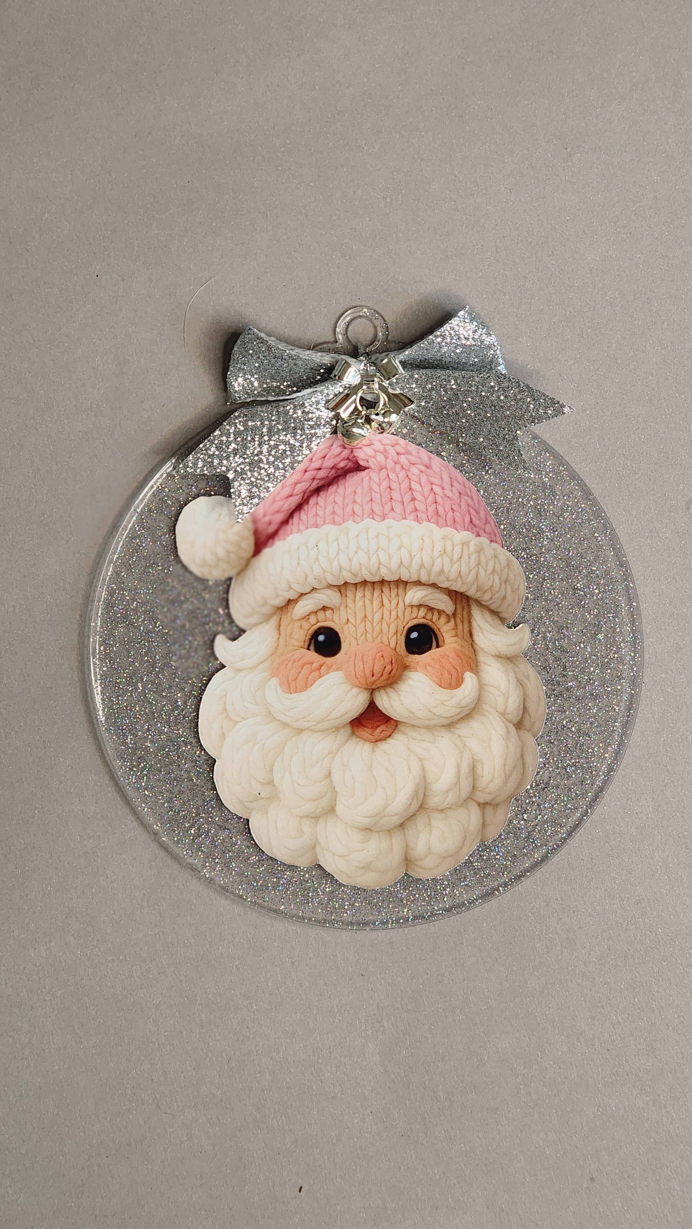 Pink Knitted Santa Claus Christmas Ornament | 4 Inch Silver Glitter Acrylic Decor | Cute & Modern