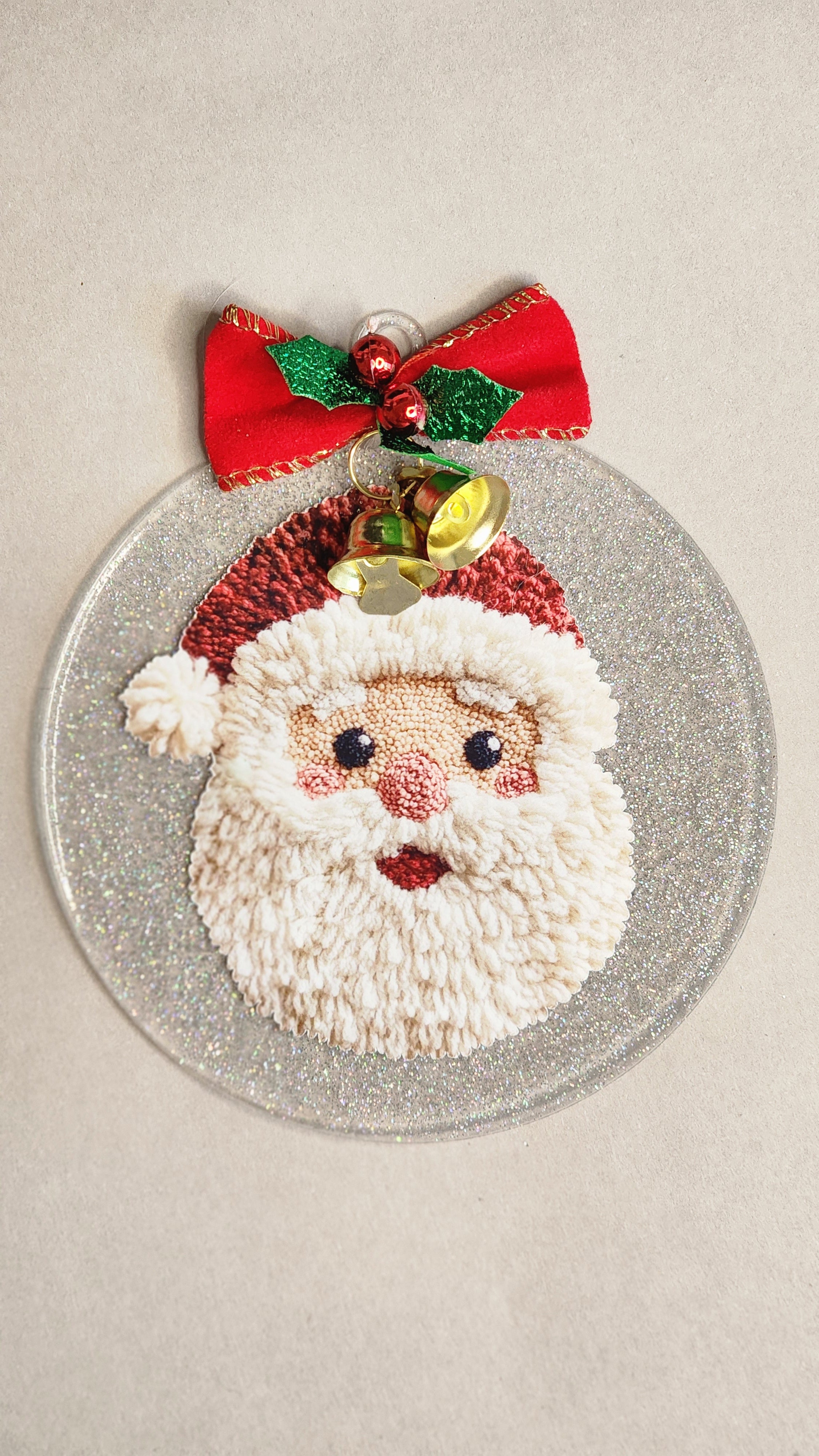 Plush Texture Santa Claus Christmas Ornament | 4 Inch Silver Glitter Acrylic Decor | Festive Home