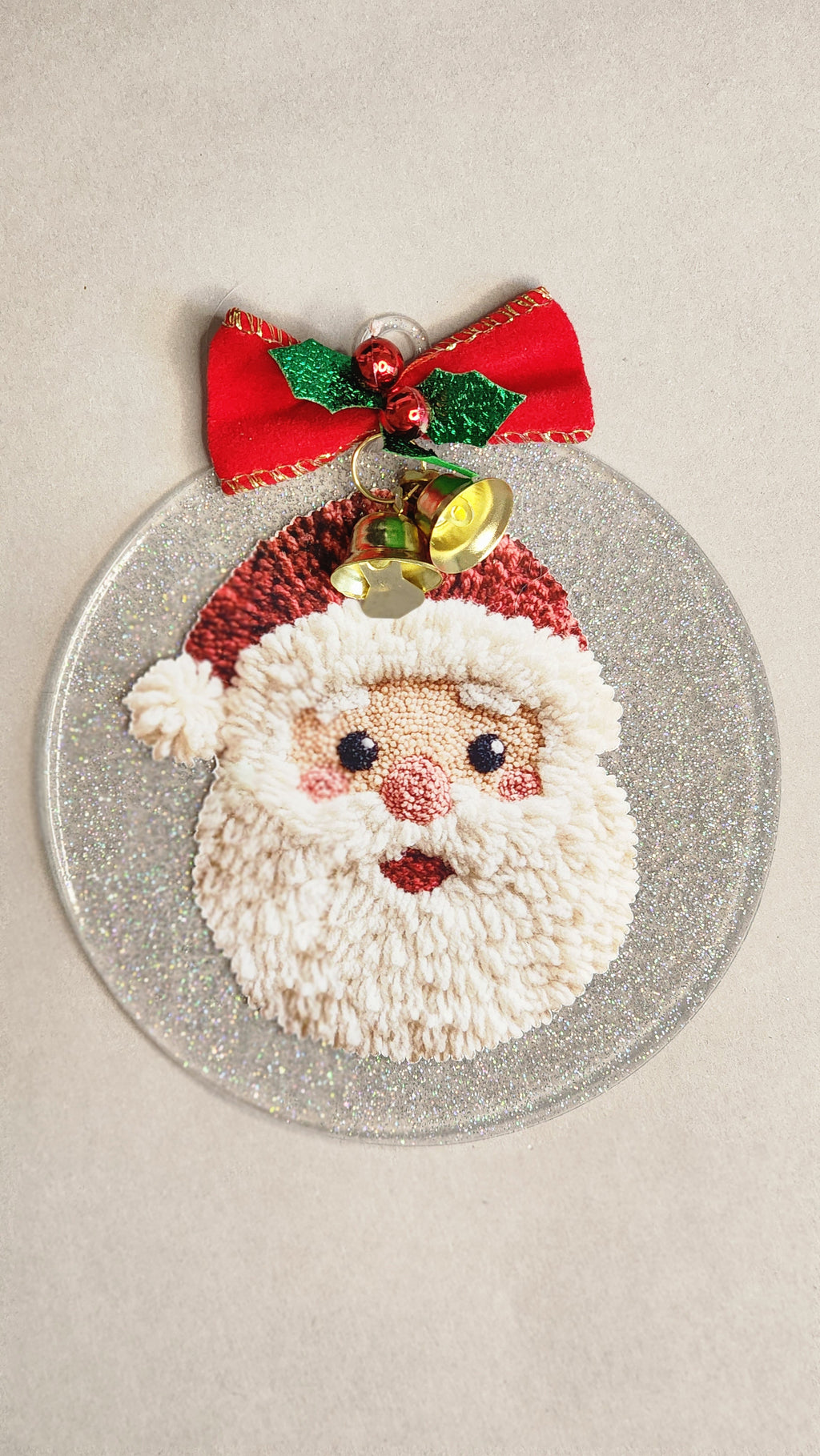 Plush Texture Santa Claus Christmas Ornament | 4 Inch Silver Glitter Acrylic Decor | Festive Home