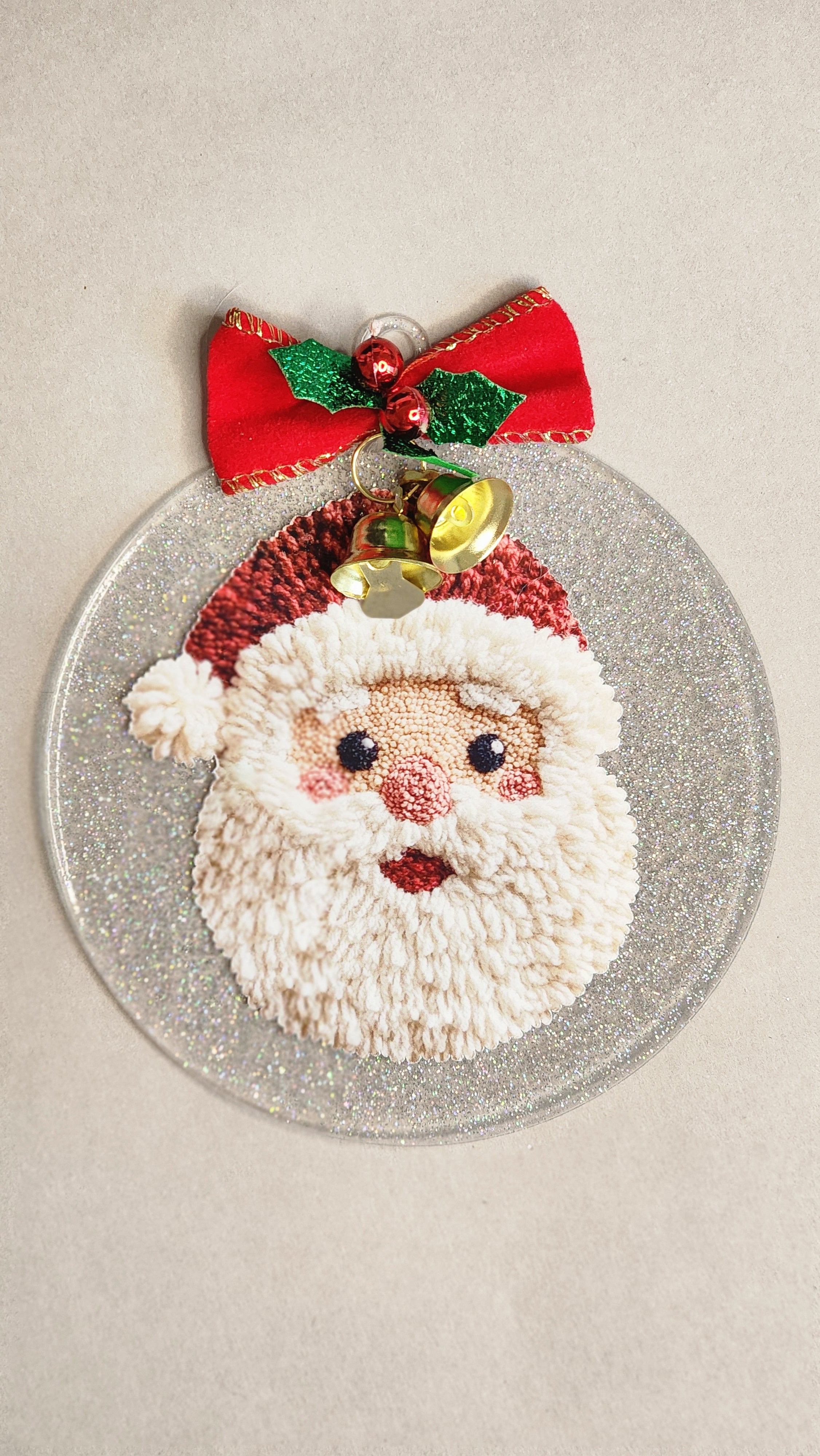 Plush Texture Santa Claus Christmas Ornament | 4 Inch Silver Glitter Acrylic Decor | Festive Home