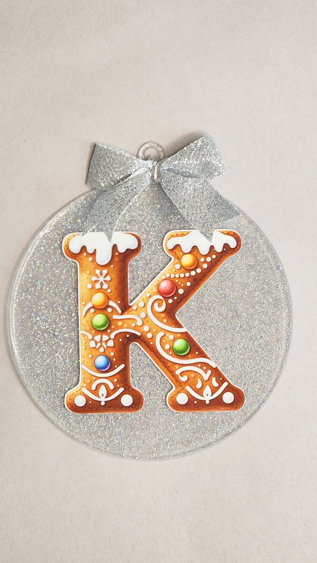 Gingerbread Initial 'K' Christmas Ornament | Personalized Monogram Acrylic Decor | 4 Inch Silver Glitter