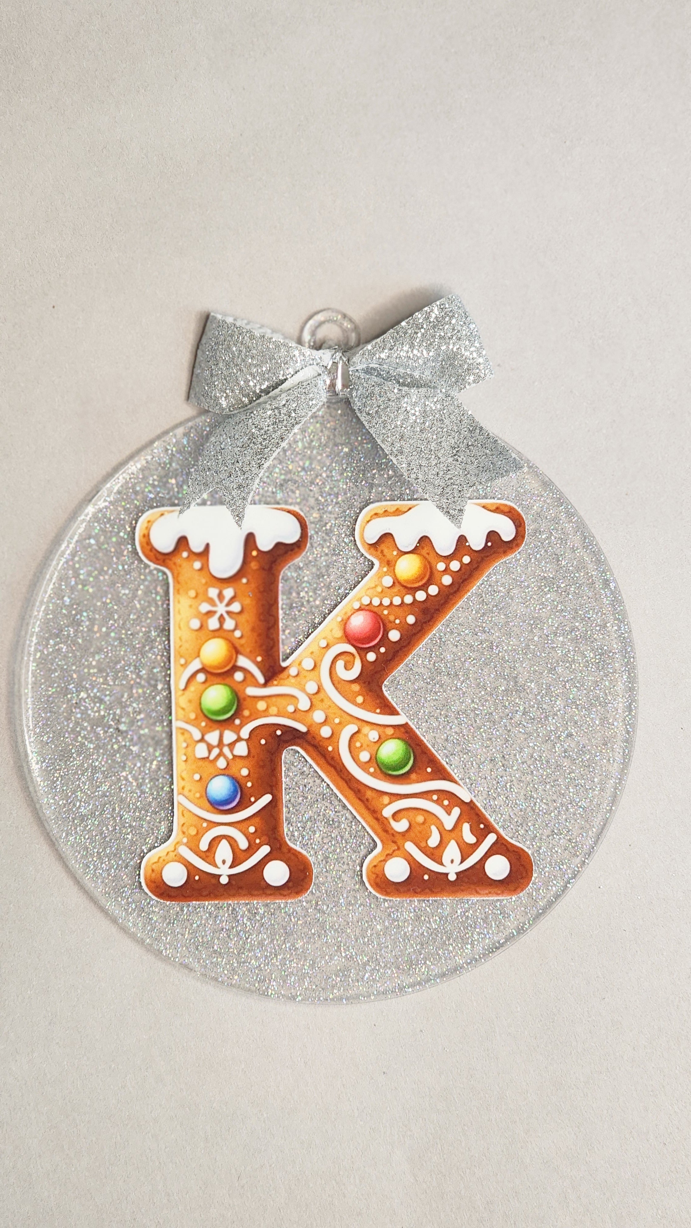 Gingerbread Initial 'K' Christmas Ornament | Personalized Monogram Acrylic Decor | 4 Inch Silver Glitter