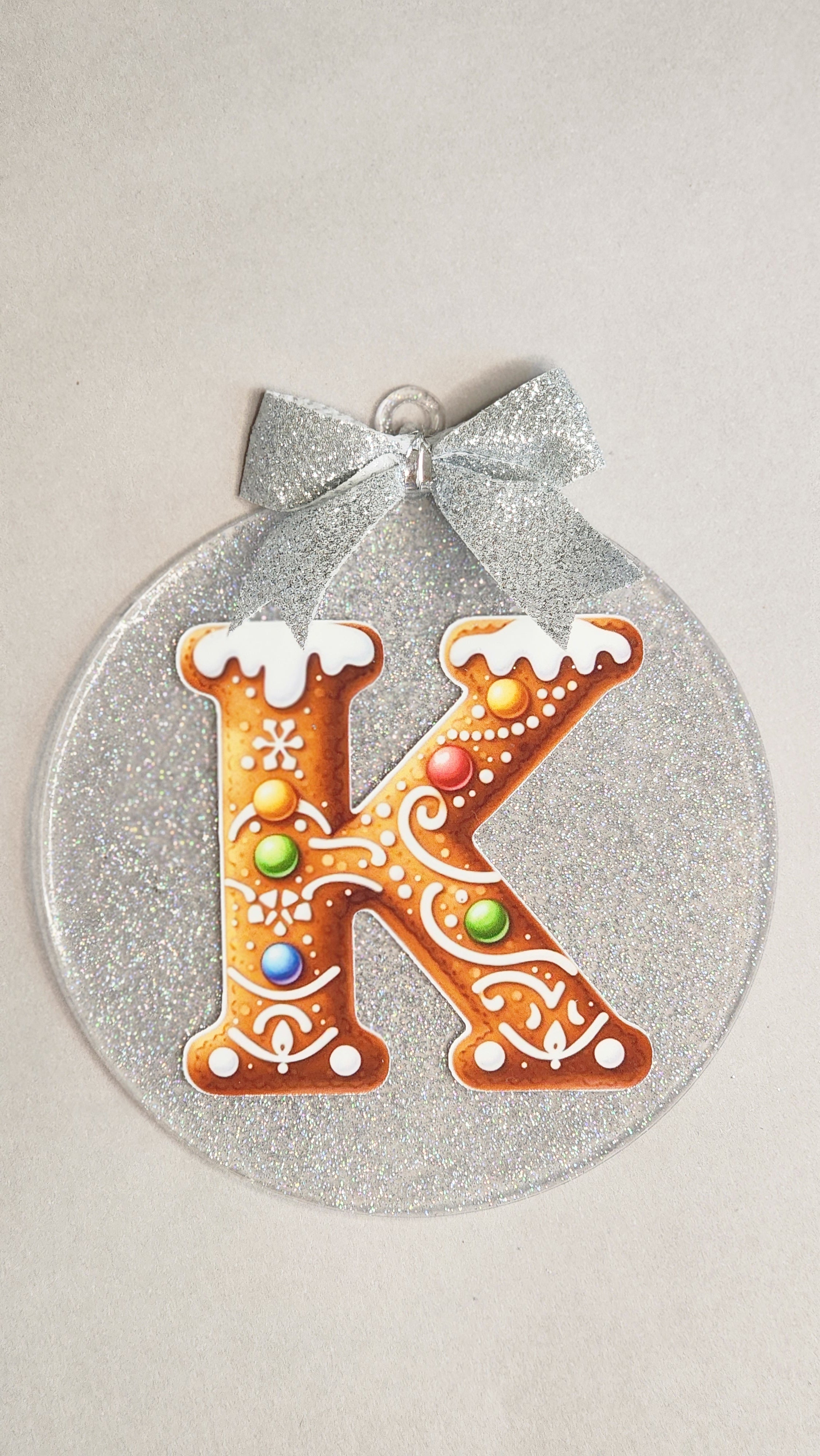 Gingerbread Initial 'K' Christmas Ornament | Personalized Monogram Acrylic Decor | 4 Inch Silver Glitter