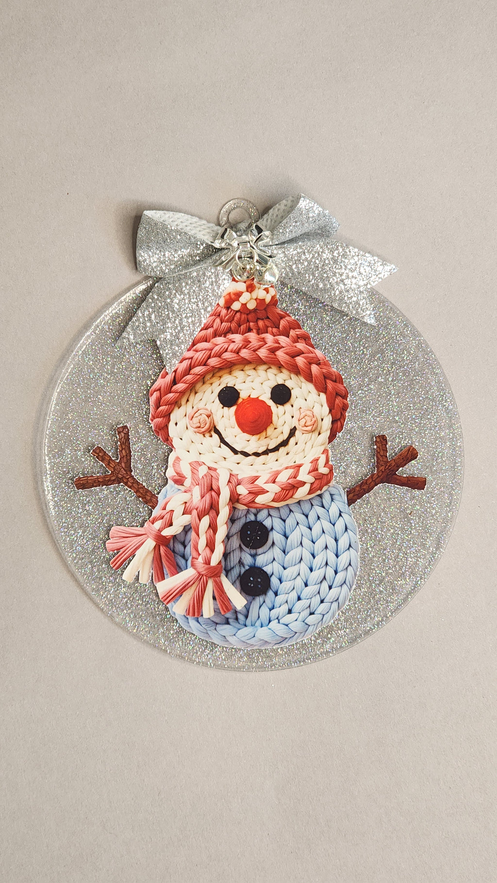 Knitted Snowman Christmas Ornament | 4 Inch Glitter Acrylic Decor | Silver Sparkle Winter Home