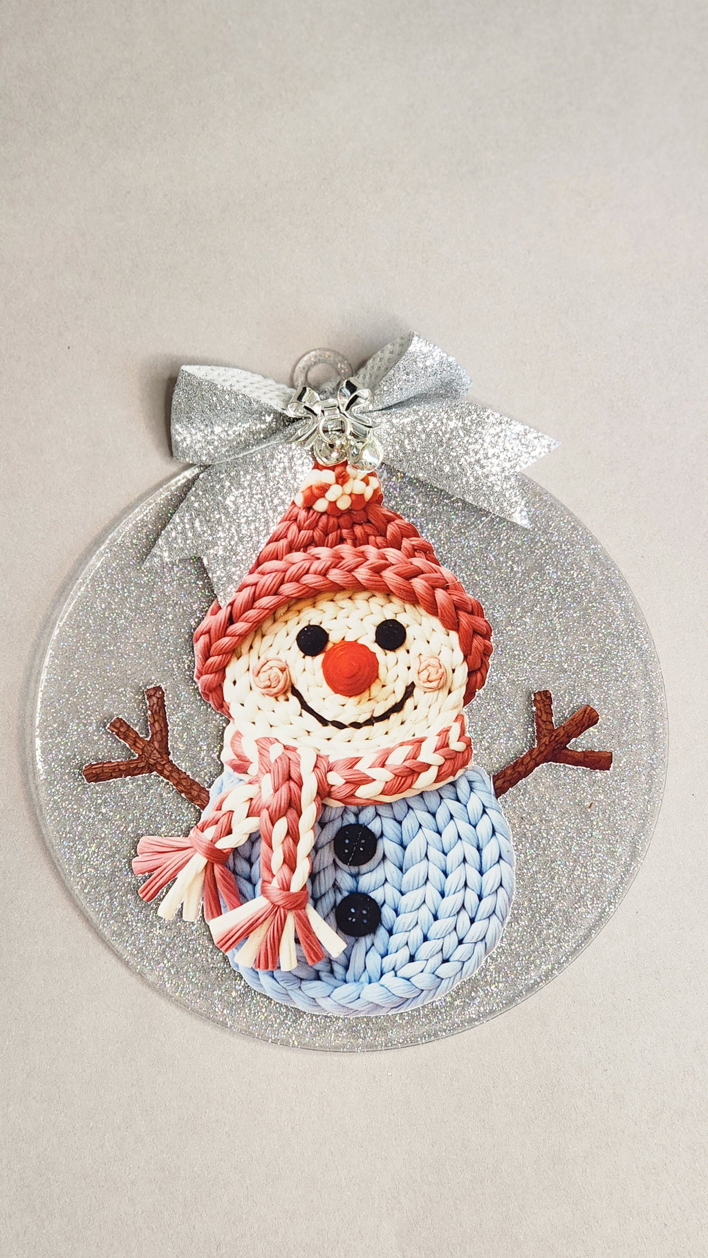 Knitted Snowman Christmas Ornament | 4 Inch Glitter Acrylic Decor | Silver Sparkle Winter Home