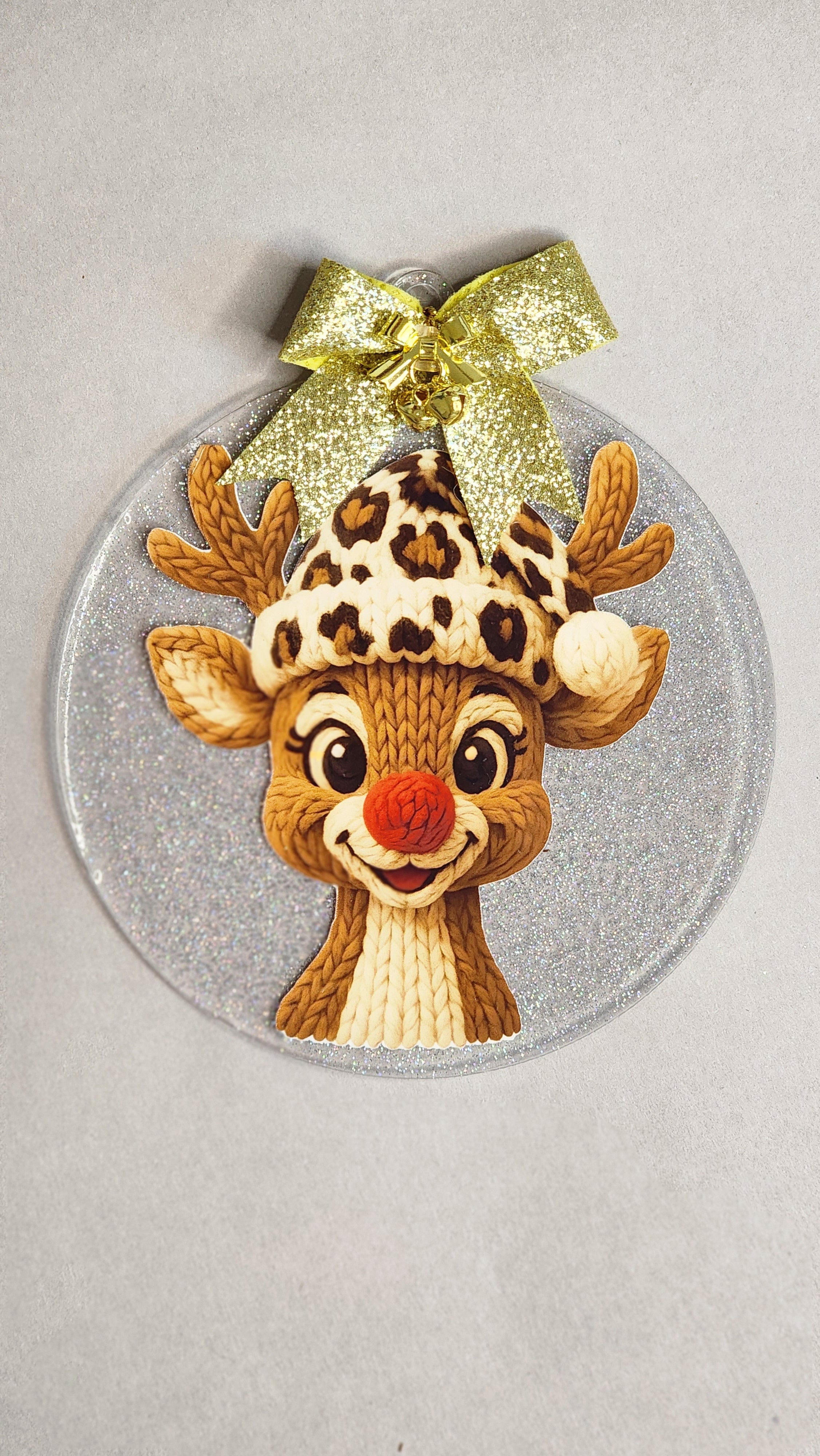 Rudolph Red Nose Reindeer Christmas Ornament | Leopard Print Beanie | 4 Inch Silver Glitter Acrylic Decor