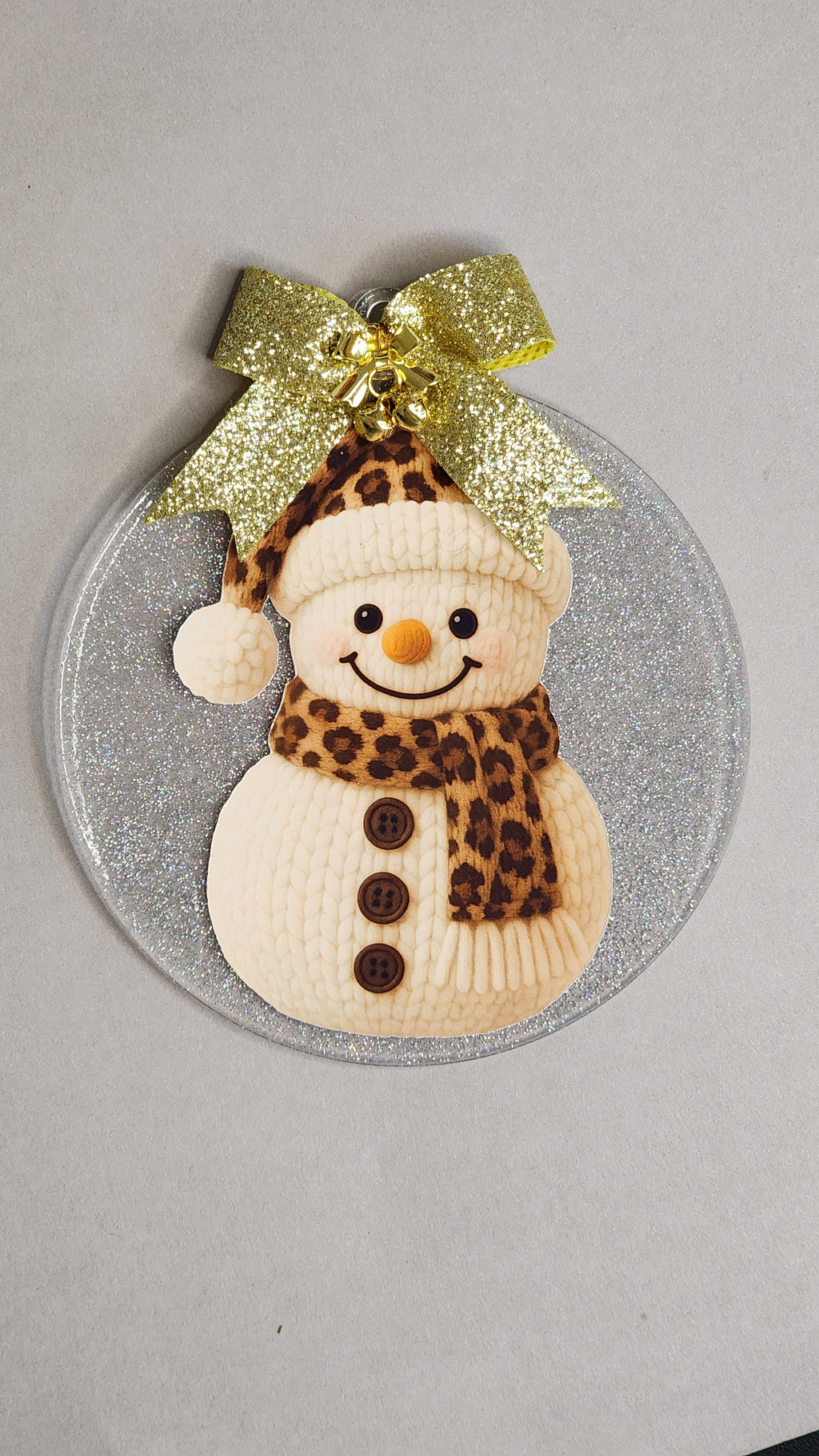 Faux Knit Snowman Acrylic Ornament with Leopard Scarf & Gold Bow (4 Inch)