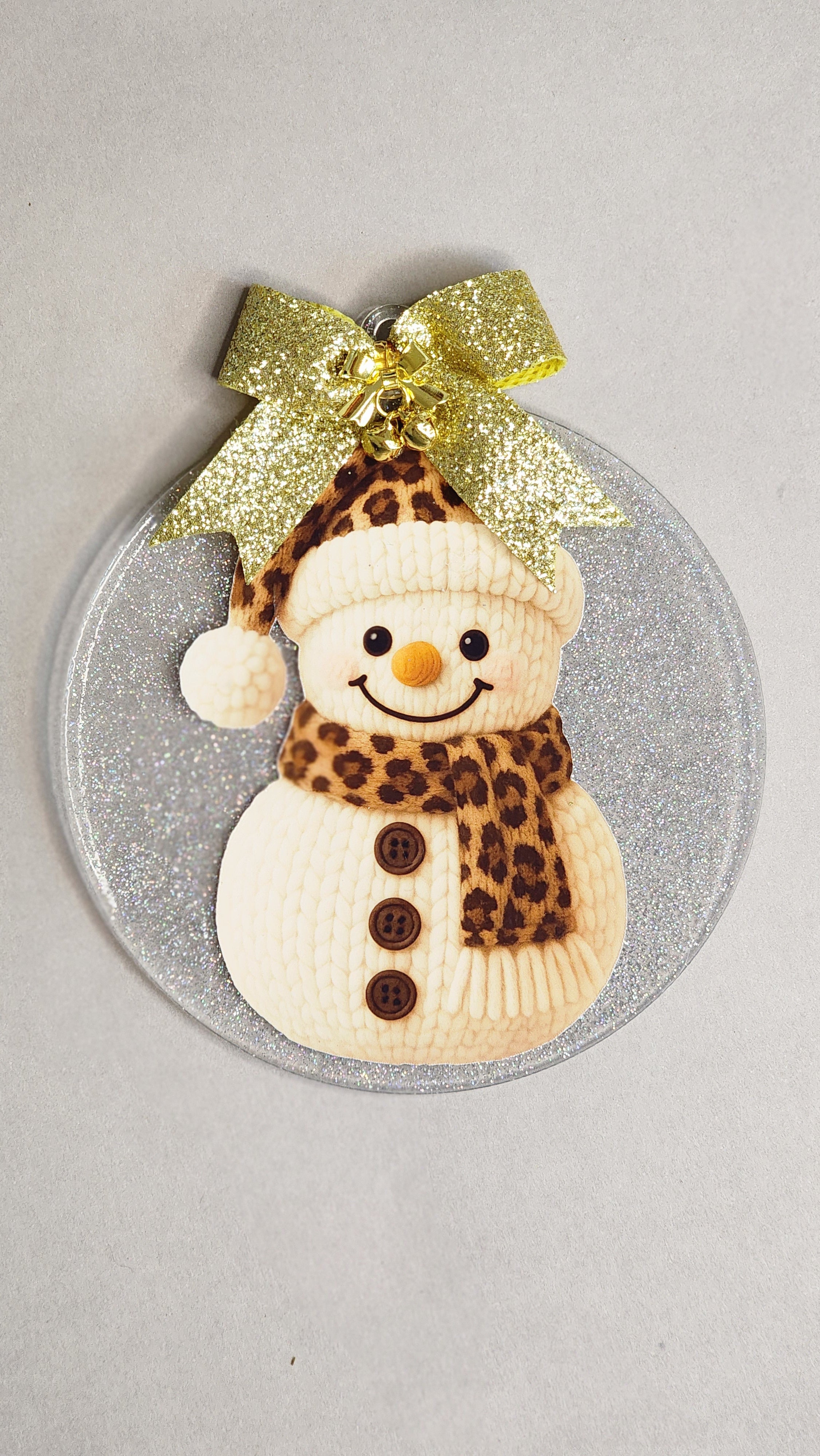 Faux Knit Snowman Acrylic Ornament with Leopard Scarf & Gold Bow (4 Inch)